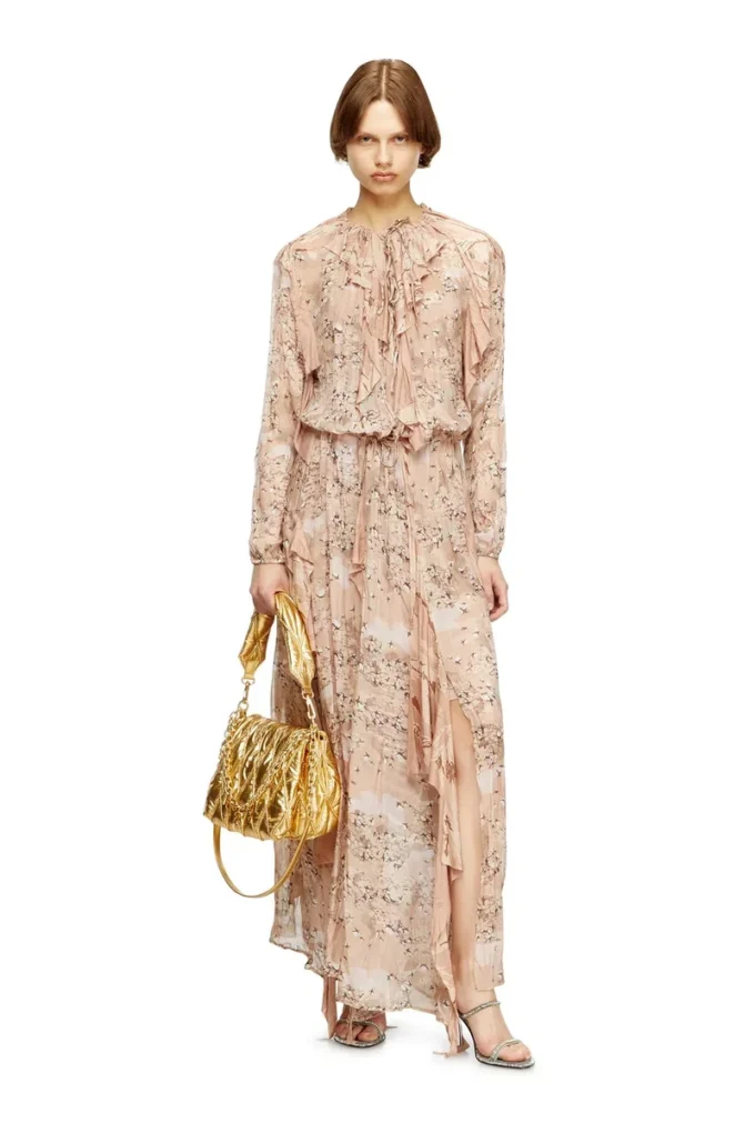 d-azzling-r1 Rochie maxi cu volane din șifon camuflat d-azzling-r1 Rochie maxi cu volane din șifon camuflat