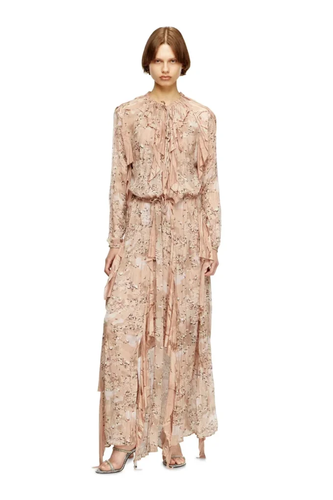 d-azzling-r1 Rochie maxi cu volane din șifon camuflat d-azzling-r1 Rochie maxi cu volane din șifon camuflat