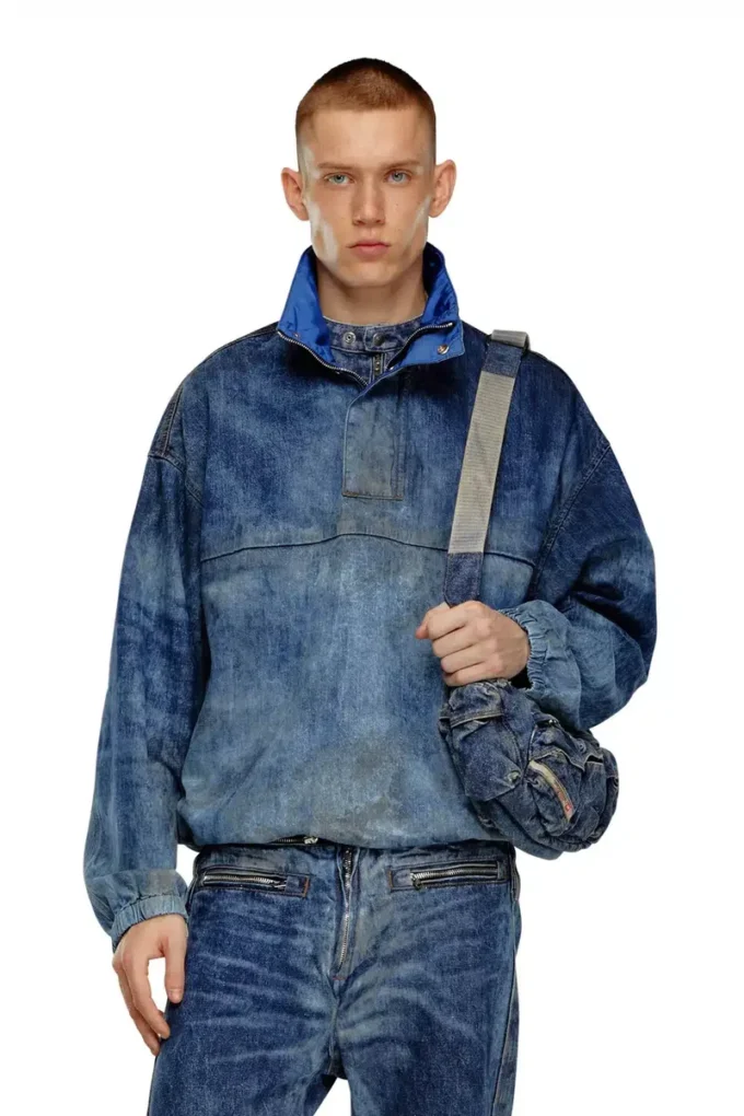 d-flow-fse Jachetă pulover din denim cu efect murdar d-flow-fse Jachetă pulover din denim cu efect murdar