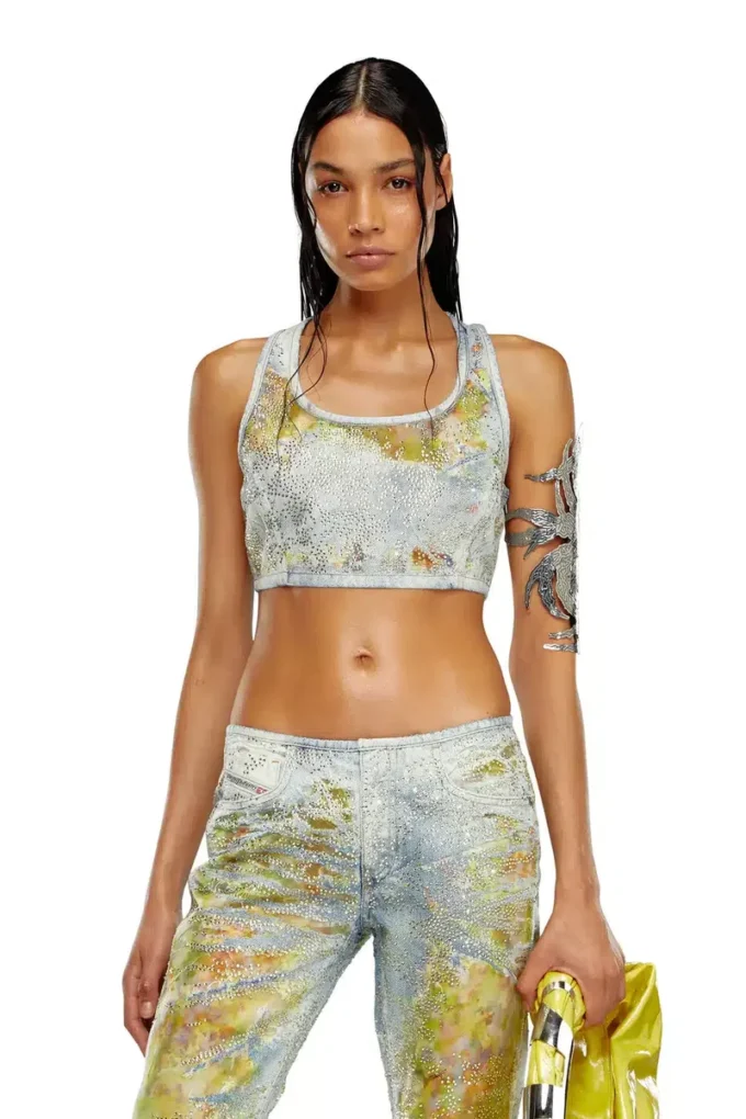 de-detop-fse Top scurt din denim devoré cu imprimeu floral