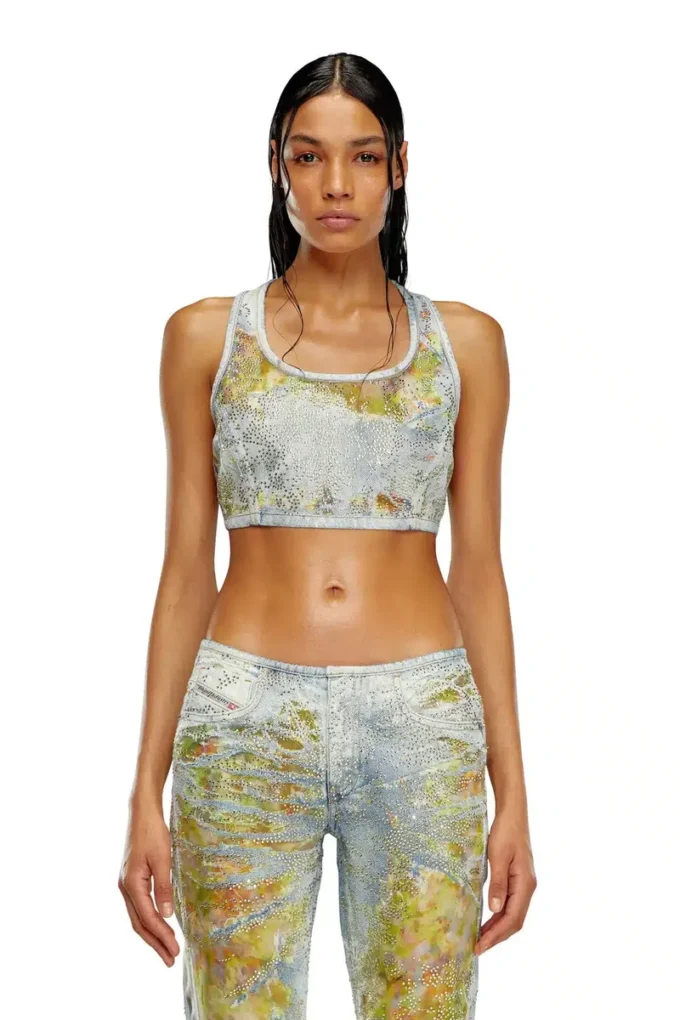 de-detop-fse Top scurt din denim devoré cu imprimeu floral