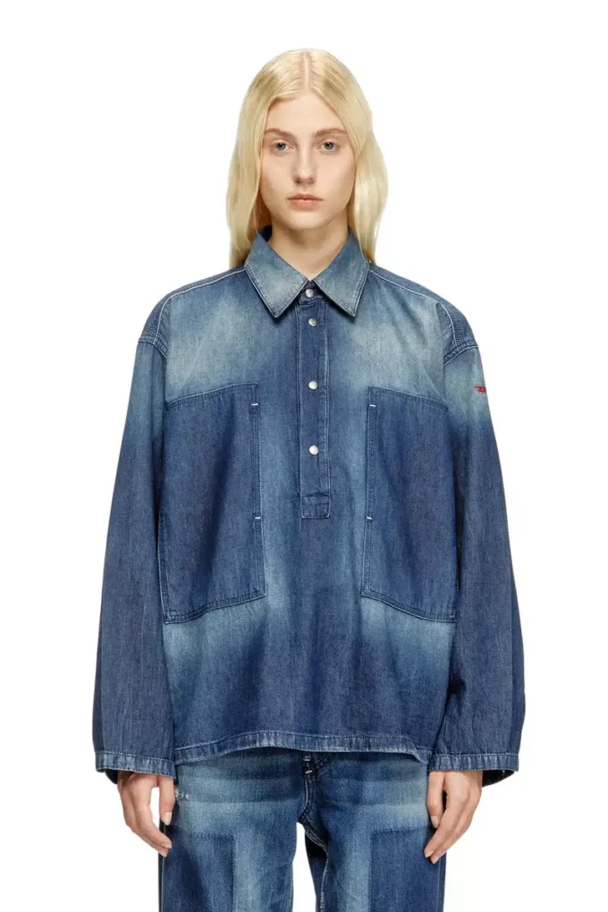 de-priss Bluză Henley din denim cu efect contrastant de-priss Bluză Henley din denim cu efect contrastant