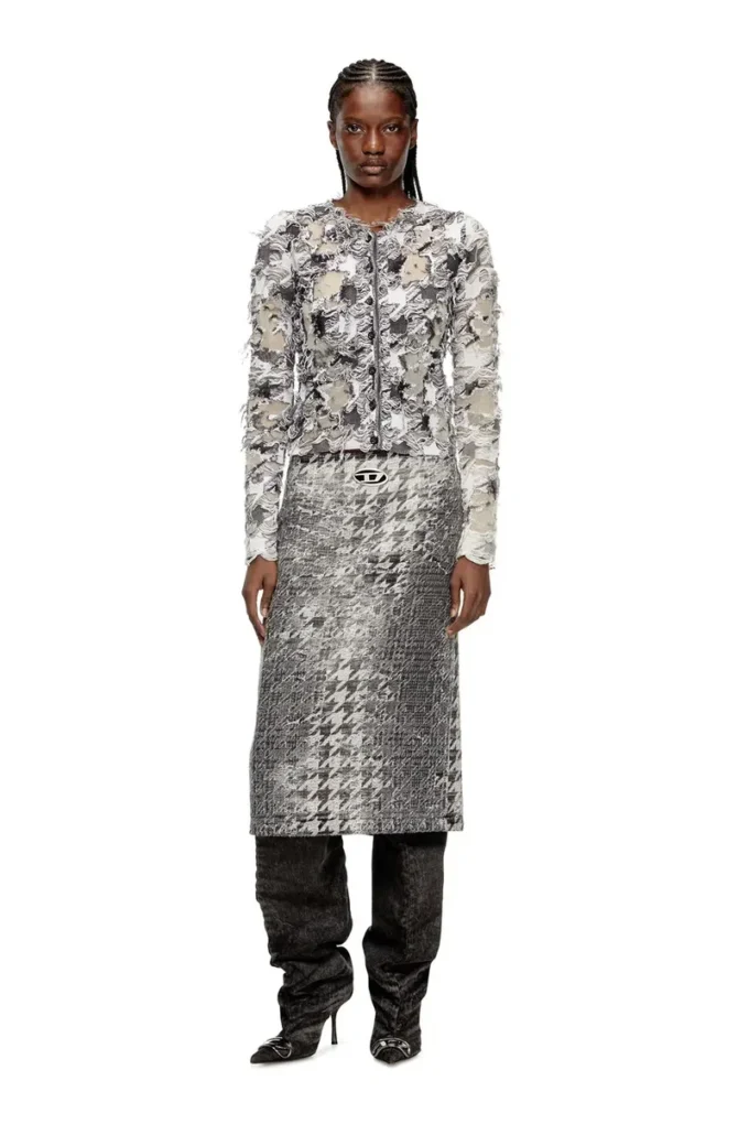 de- rathian-fsh Fustă midi din denim jacquard Prince of Wales de- rathian-fsh Fustă midi din denim jacquard Prince of Wales