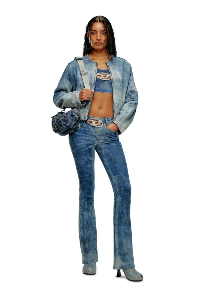 de-top-fse Top cropped din denim cu placă din cristal de-top-fse Top cropped din denim cu placă din cristal