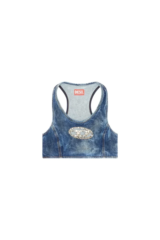 de-top-fse Top cropped din denim cu placă din cristal de-top-fse Top cropped din denim cu placă din cristal