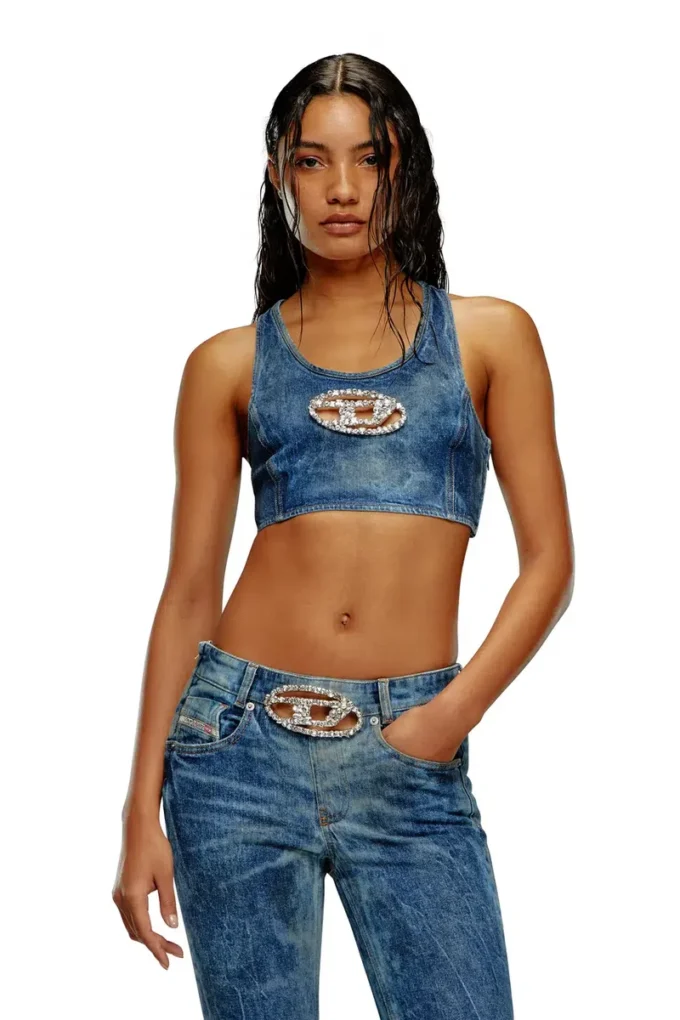 de-top-fse Top cropped din denim cu placă din cristal de-top-fse Top cropped din denim cu placă din cristal
