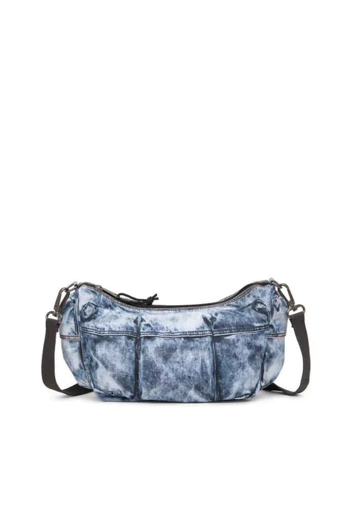 Geantă de umăr Diesel Geantă cu multiple buzunare din denim trompe l’oeil