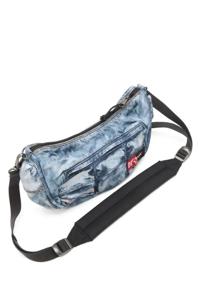 Geantă de umăr Diesel Geantă cu multiple buzunare din denim trompe l’oeil
