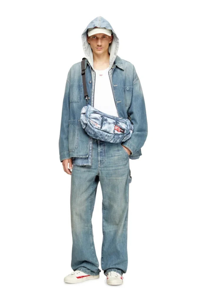 Geantă de umăr Diesel Geantă cu multiple buzunare din denim trompe l’oeil