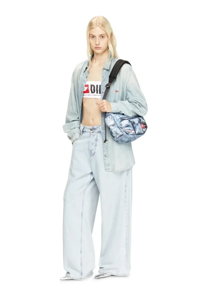 Geantă de umăr Diesel Geantă cu multiple buzunare din denim trompe l’oeil