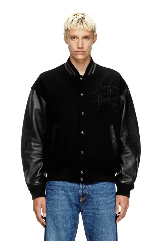 l-nyman Jachetă bomber Varsity din bumbac și piele l-nyman Jachetă bomber Varsity din bumbac și piele