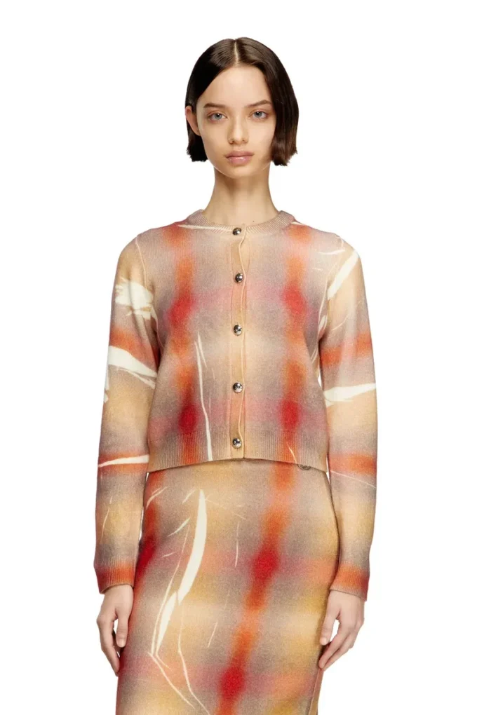 m-chloty Cardigan din lână cu imprimeu în carouri distorsionat m-chloty Cardigan din lână cu imprimeu în carouri distorsionat