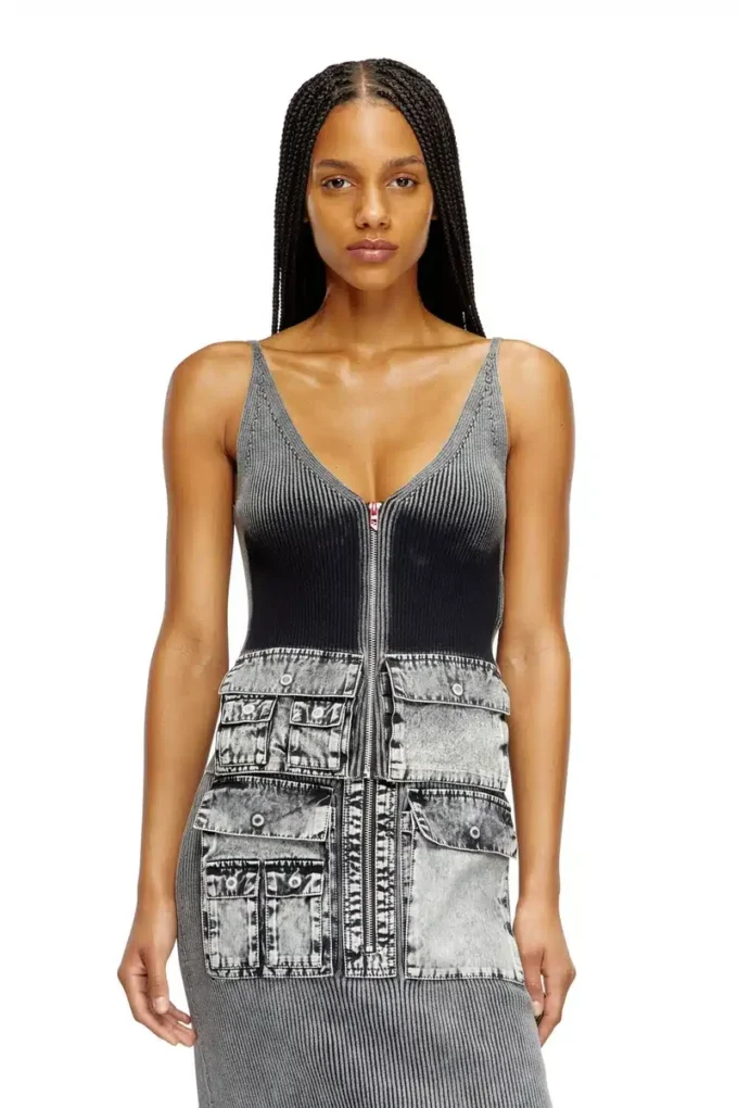 m-melly Tricou fără mâneci din tricot cu buzunare cargo din denim