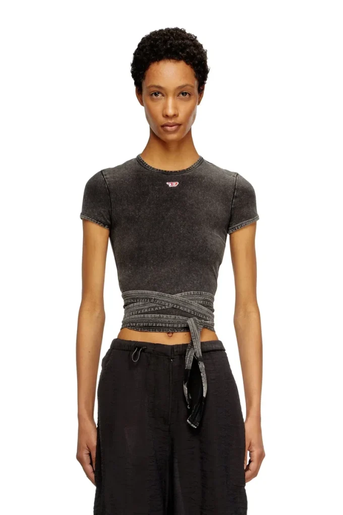 t-bunny-tail-r1 Tricou cu aspect denim și legături înfășurate