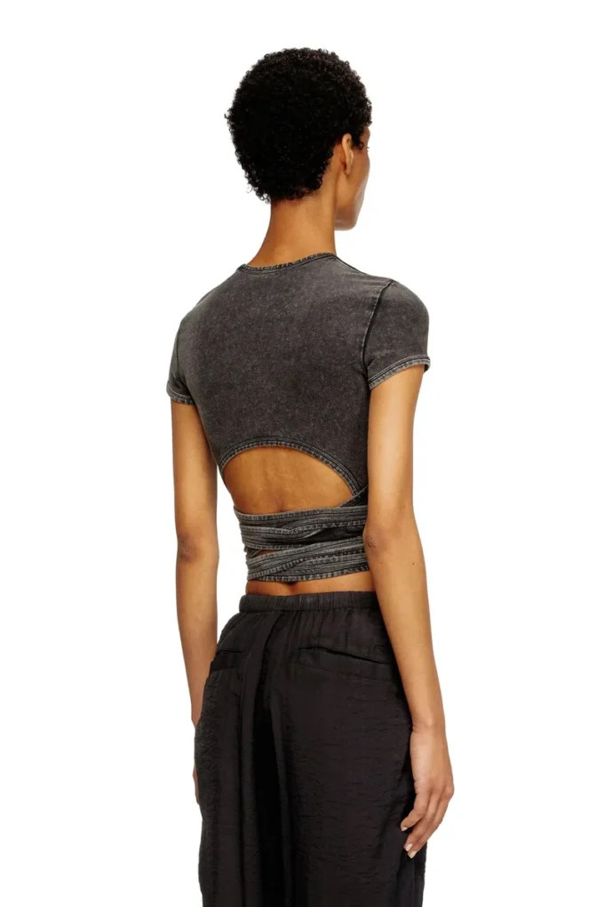 t-bunny-tail-r1 Tricou cu aspect denim și legături înfășurate