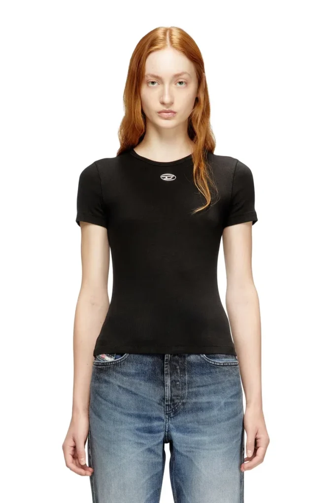 t-ele-long-od Tricou slim cu nervuri și broderie metalică Oval D t-ele-long-od Tricou slim cu nervuri și broderie metalică Oval D