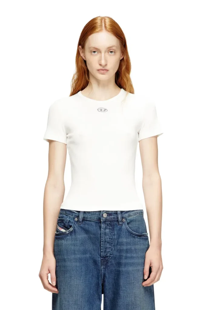 t-ele-long-od Tricou slim cu nervuri și broderie metalică Oval D t-ele-long-od Tricou slim cu nervuri și broderie metalică Oval D