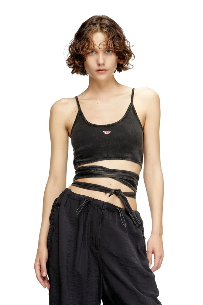 t-leya-tail-r1 Top fără mâneci cu aspect denim și bretele înfășurate