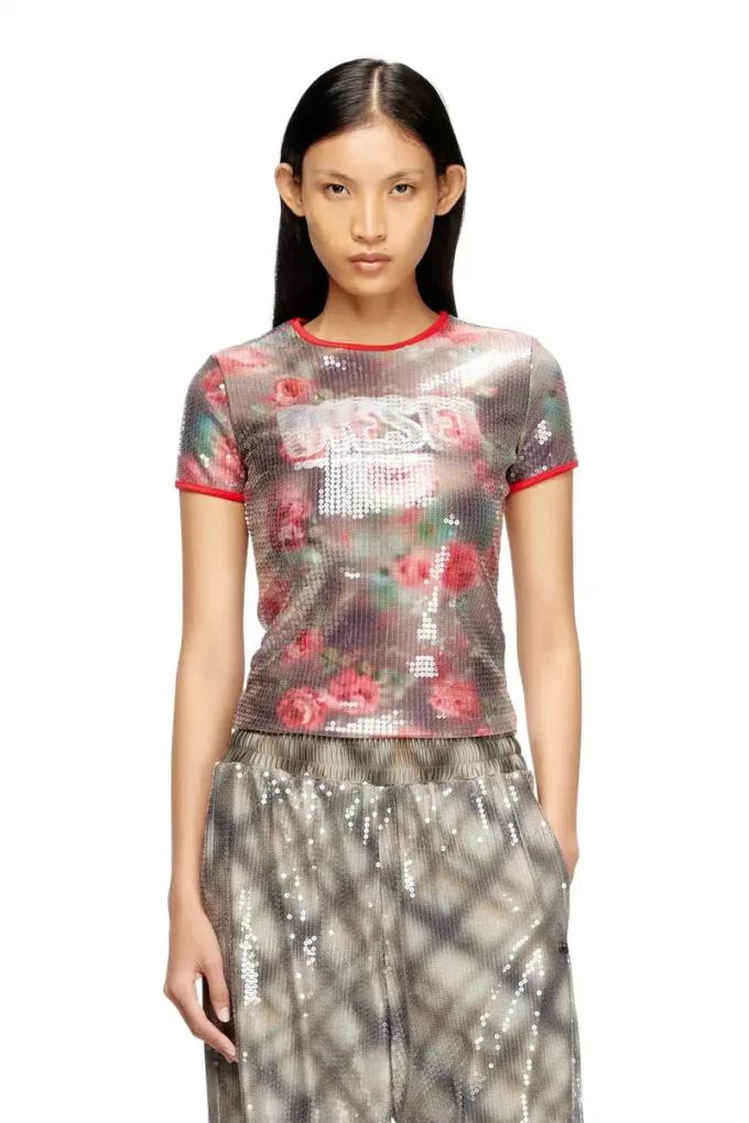 t-unkyel Top din jersey skinny cu imprimeu floral și paiete