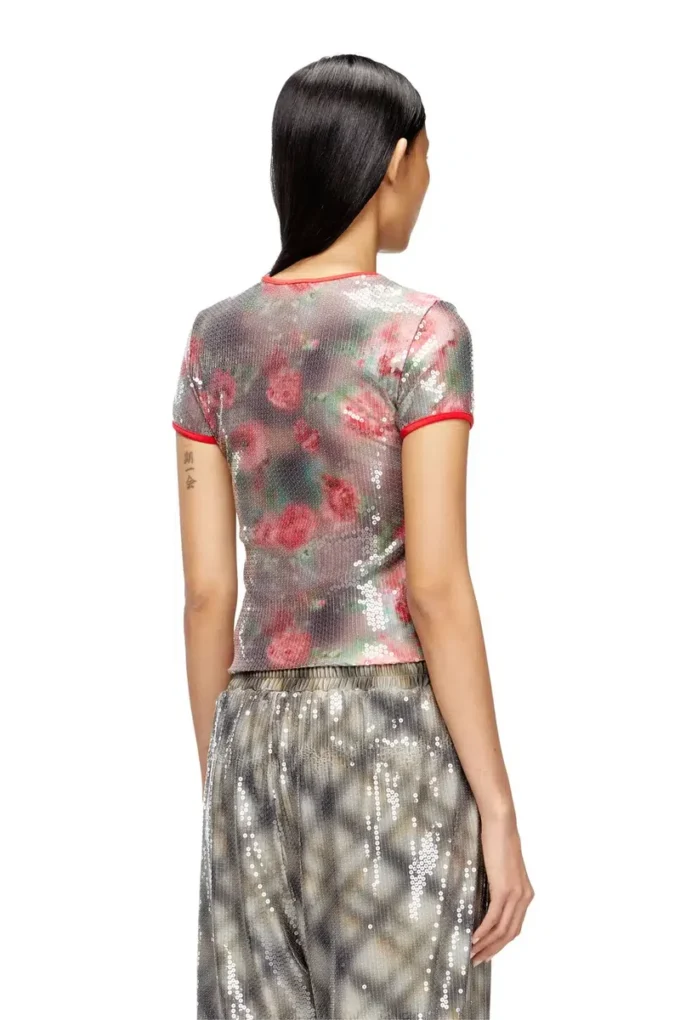 t-unkyel Top din jersey skinny cu imprimeu floral și paiete