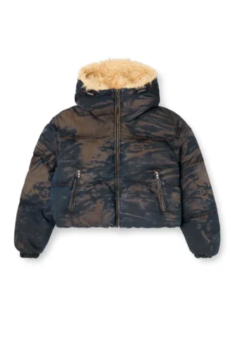 w-aves-fur Jacheta matlasată cu glugă din denim camuflaj cu efect murdar w-aves-fur Jacheta matlasată cu glugă din denim camuflaj cu efect murdar