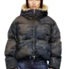 w-aves-fur Jacheta matlasată cu glugă din denim camuflaj cu efect murdar